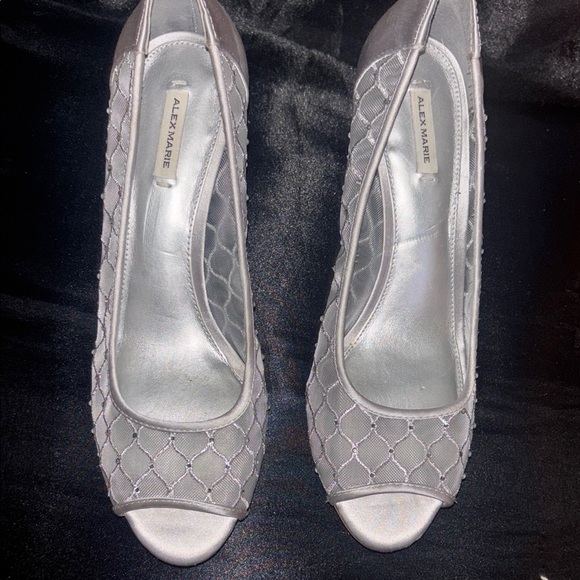 Alex Marie Shoes - Alex Marie Silver Peep-Toe Heels with Lace Overlay